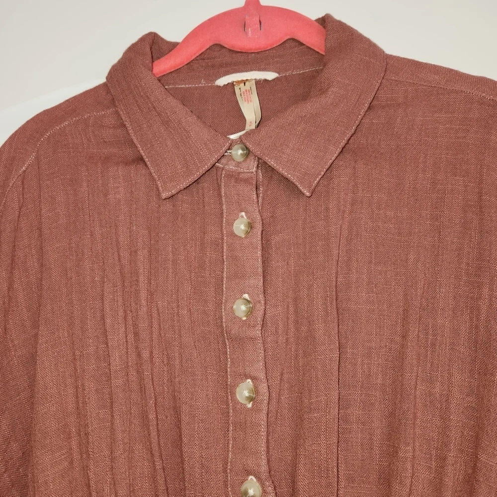 Free People Morrison Shirt Brown Button Down With Tie Cropped Back Size S Cotton